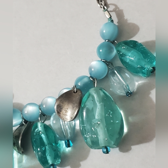 Vintage lucite aqua chunky beads cats eye silver necklace stainless steel 90's - Picture 4 of 13